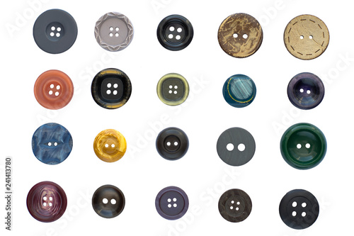 Set of various vintage sewing buttons isolated on white background