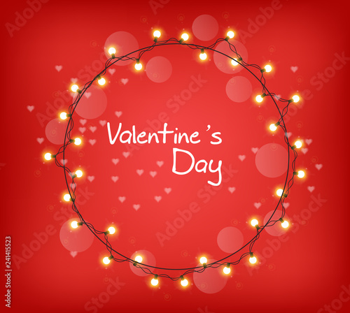 Valentine Day glowing lights Vector realistic. Colorful bulb lights garland. ...