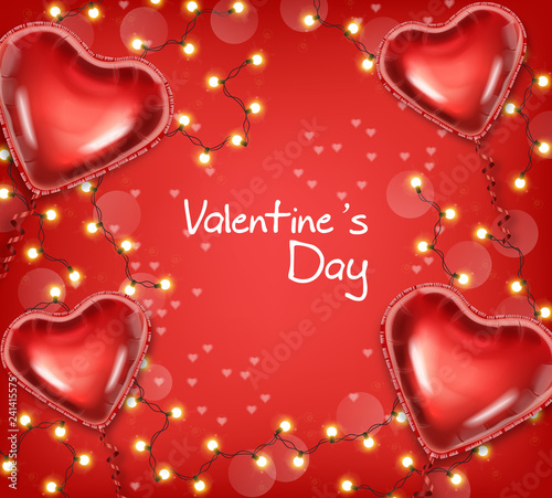 Valentine Day glowing lights and balloons Vector realistic. Red foil heart ba...