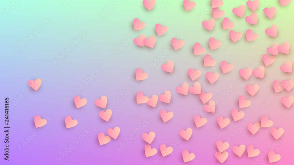 Wedding Background. Flyer Template. Heart Confetti Pattern. Many Random Falling Pink Hearts on Hologram Backdrop. Vector Wedding Background.