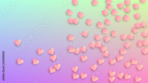 Wedding Background. Flyer Template. Heart Confetti Pattern. Many Random Falling Pink Hearts on Hologram Backdrop. Vector Wedding Background.