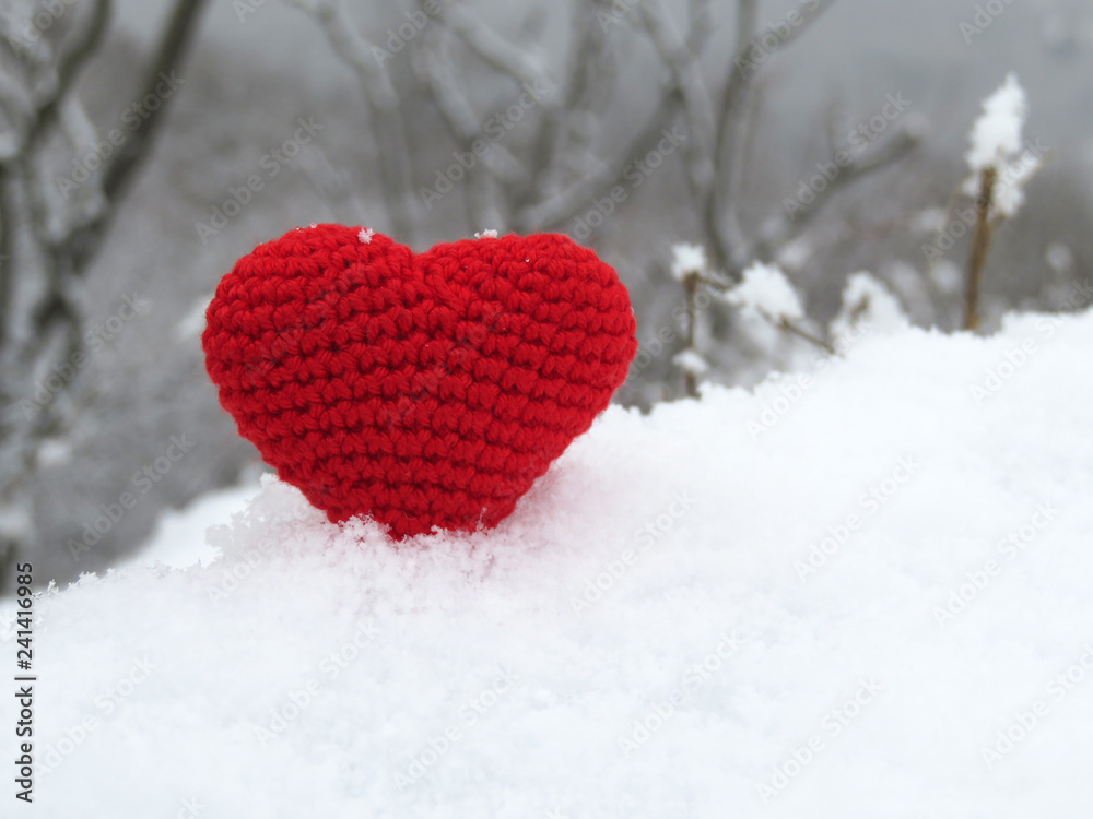Red knitted heart in the snow on winter forest background, Valentines day card. Symbol of romantic love, concept of blood donation, cold weather Red knitted heart in the snow on winter forest background, Valentines day card. Symbol of romantic love, concept of blood donation, cold weather