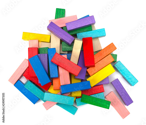 Many colorful wooden blocks isolated on white background