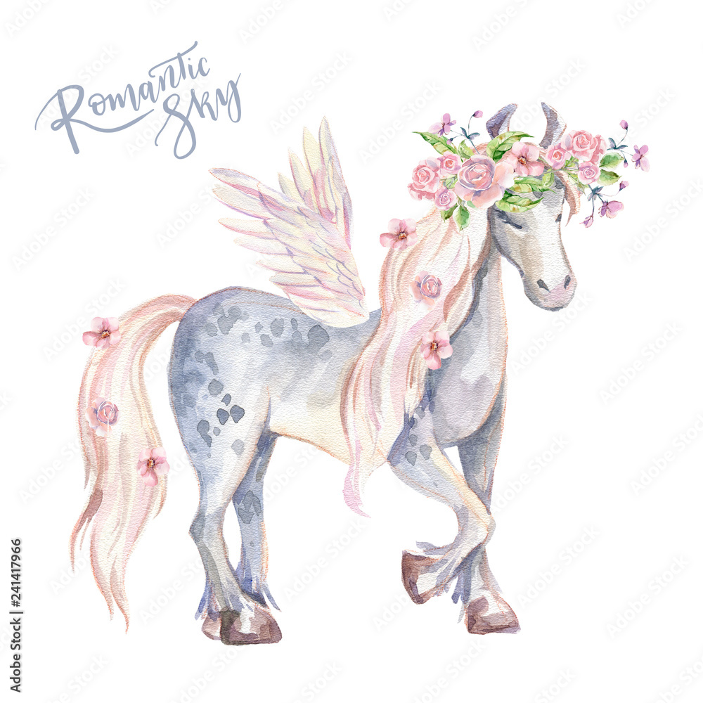 Obraz Magic Pegasus. Watercolor illustration, beautiful isolated pony