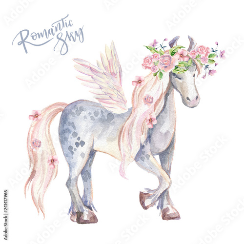 Magic Pegasus. Watercolor illustration  beautiful isolated pony 