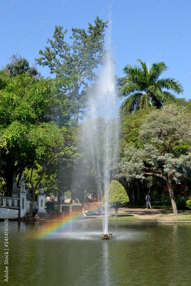 Fototapeta premium The fountain and rainbow in the pond