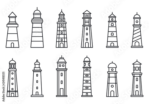 Sea lighthouse icon set. Outline set of sea lighthouse vector icons for web design isolated on white background