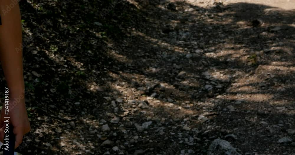 Close up of women legs hiking forest path Close up of women legs hiking forest path