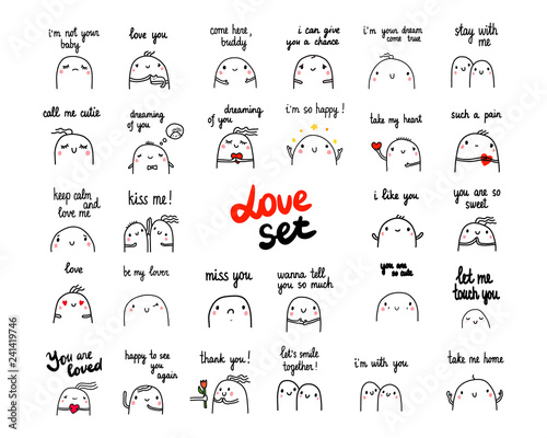 Love set hand drawn illustrations with marshmallow in different feelings