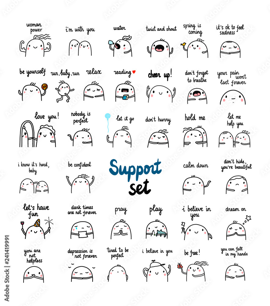 Support and help hand drawn set of illustrations with cute marshmallow in hard times Support and help hand drawn set of illustrations with cute marshmallow in hard times