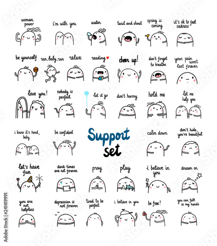 Support and help hand drawn set of illustrations with cute marshmallow in hard times