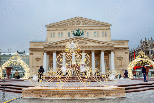 Moscow, Russia, New year. Christmas. New year's installation at the Bolshoi theater.