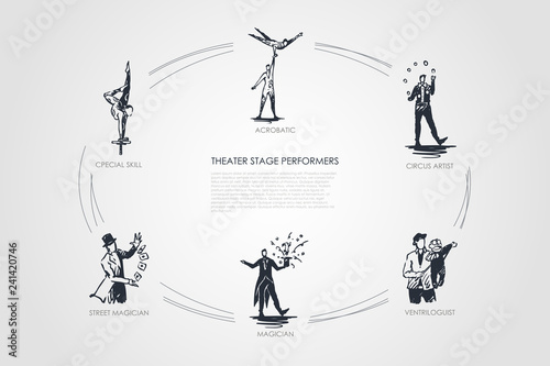 Theatre stage performance - acrobatic, circus artist, ventriloguist, magician, street magician, special skill vector concept set