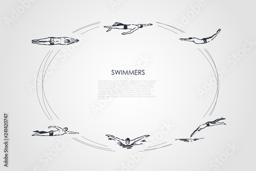Swimmers - male sportsmen swimming in traditional cap in different poses vector concept set