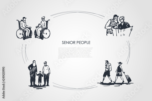 Senior people - old people sitting on wheelchairs, reading newspaper, travelling and walking with grandchildren vector concept set