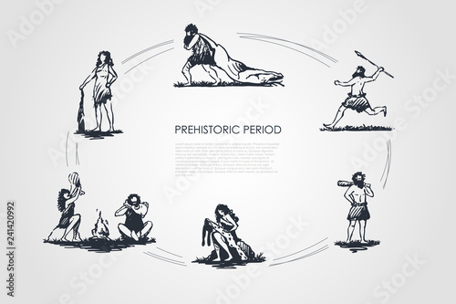 Prehistoric people - men and womens carrying killed animal, throwing spear, standing with bludgeon, processing skin, making fire vector concept set
