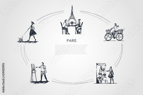 Paris - people riding bicycle, drinking coffee with Eiffel towel behind, painting, buying flowers, walking dog vector concept set