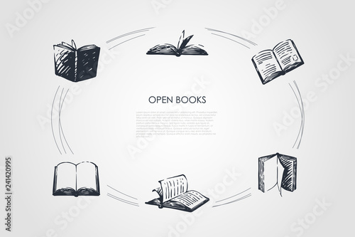 Open books - books with open pages and coverings vector concept set