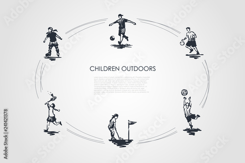 Children outdoors - children playing football, soccer, golf, badminton and roller-skating vector concept set