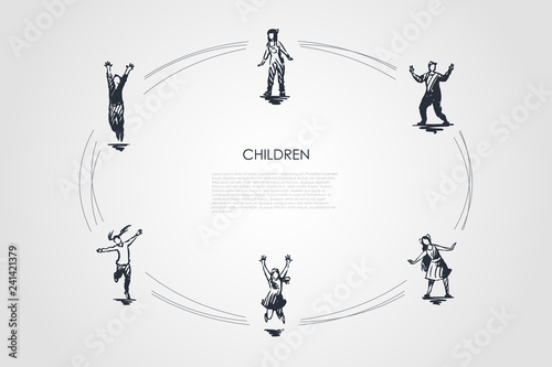 Children outdoors - children playing football, soccer, golf, badminton and roller-skating vector concept set