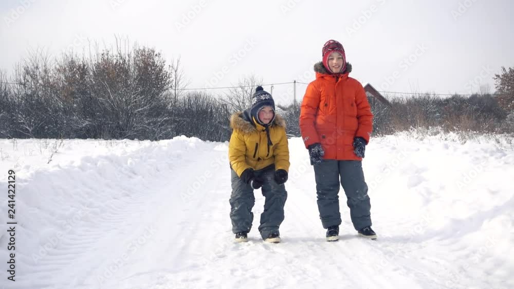 boys playwith Dog in Winter, child and pet boys playwith Dog in Winter, child and pet