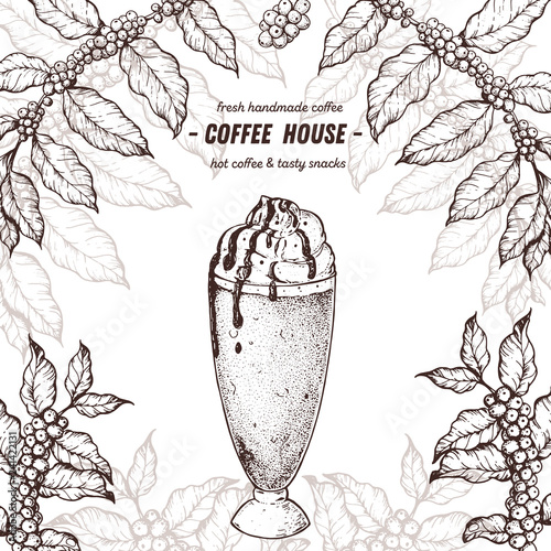 Coffee cup and coffee tree illustration. Vintage design for coffee shop. Engraved vector illustration. Frappuccino cup.