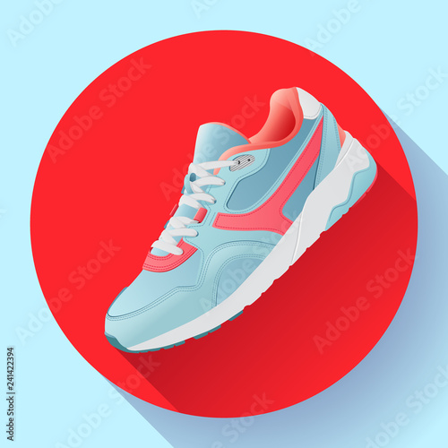 fitness sneakers shoes for training running shoe flat design with long shadow. Fitness app