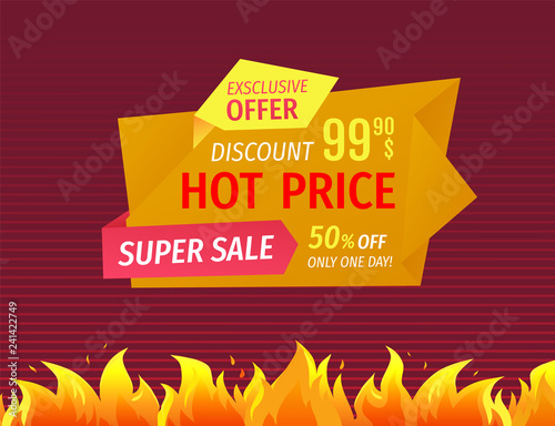 Hot Price Tag on Super Sale Promo Banner in Flames photo