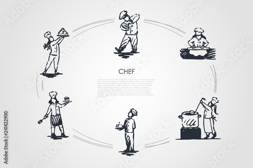 Chef - men and women in special uniform cooking, serving and presenting food vector concept set