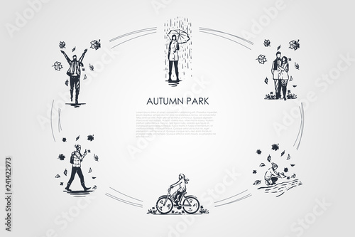 Autumn park - walking in rain with umbrella, enjoying leaf fall, riding bicycles, making photoes of fallen leaves, making paper boats vector concept set