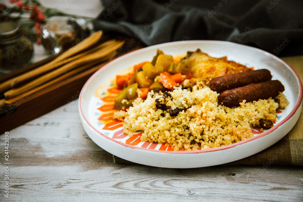 traditional moroccan dish couscous salad with Sausage traditional moroccan dish couscous salad with Sausage