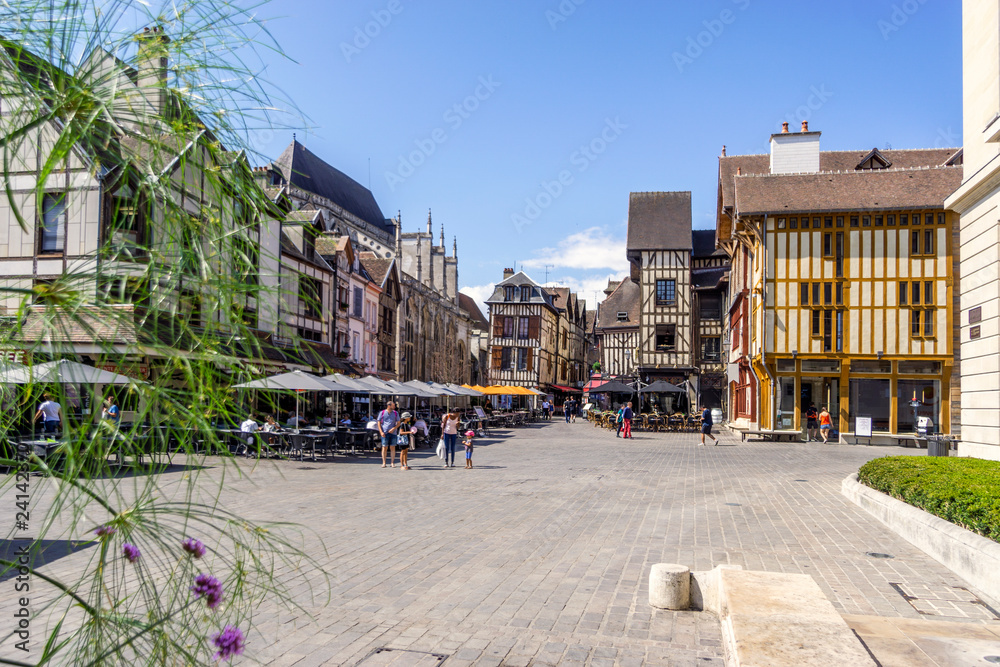 Half timbered medieval houses at market square in charming Troyes, France