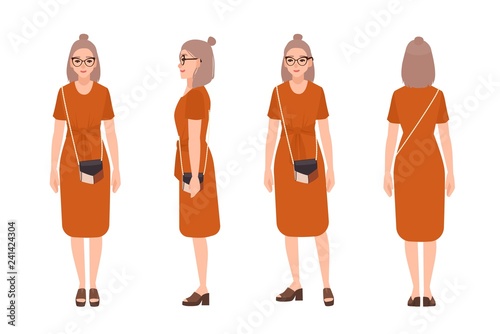 Pretty young girl wearing casual dress, glasses and with cross body bag. Female cartoon character isolated on white background. Street style outfit. Front, side, back views. Flat vector illustration.