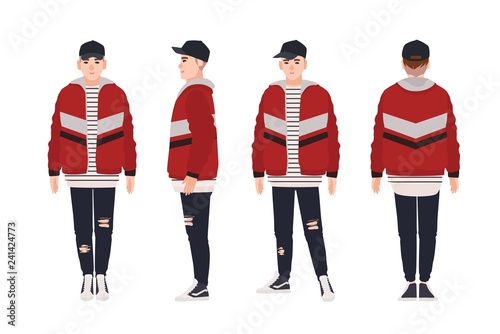 Young man wearing bomber jacket and cap. Teenage boy dressed in trendy apparel. Male cartoon character isolated on white background. Street style look. Front, side, back views. Vector illustration.