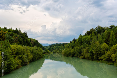 Forest river reflection landscape. Autumn forest river water panorama. Forest river reflection in autumn