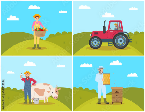 Farmer Tractor on Field Set Vector Illustration