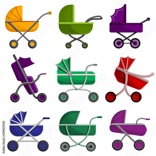 Pram icon set. Cartoon set of pram vector icons for web design
