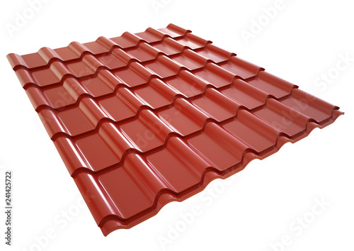 Roof metal tile red, isolated on white background. 3d illustration.