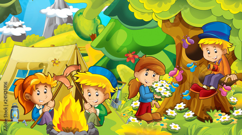 cartoon autumn nature background in the mountains with kids having fun camping with tent with space for text - illustration for children