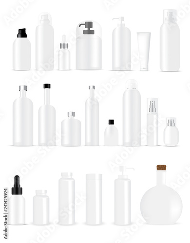 Mock up Realistic White Bottles Healthy and Cosmetic Packaging  Soap  Shampoo  Cream  Oil Dropper and Spray Set for Skincare Product  Background Illustration