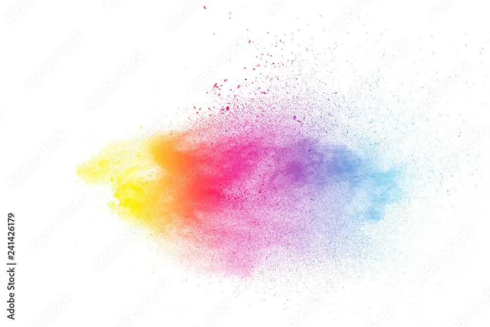 Abstract color powder explosion on white background.Freeze motion of dust splash. Painted Holi in festival.