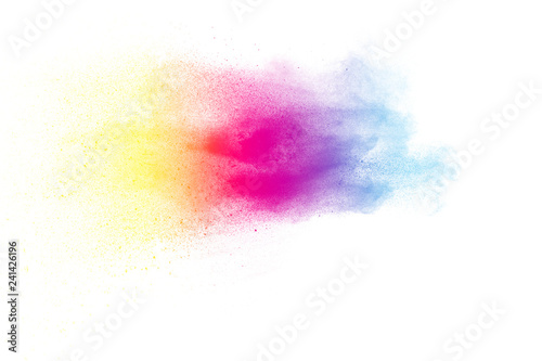 Abstract color powder explosion on white background.Freeze motion of dust splash. Painted Holi in festival. © Pattadis