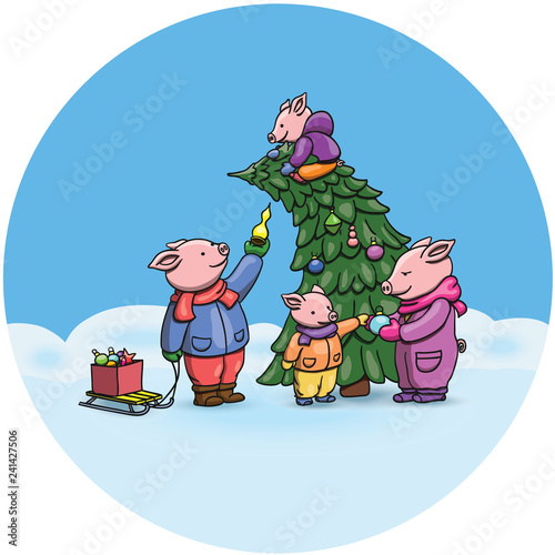 Adorable Cartoon Pigs  Symbol of 2019 Chinese New Year. Piglets Cheerfully Celebrating  Decorating the Christmas Tree. Chinese Pig Vector