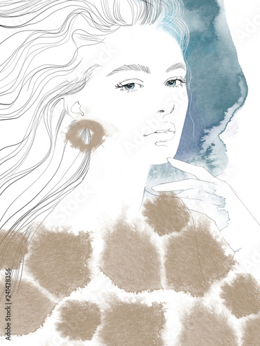 Young beautiful woman fashion-illustration watercolour draw portrait