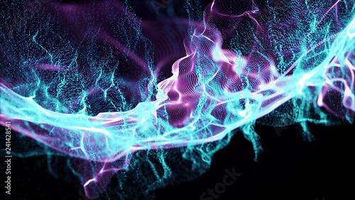 Imitation an abstract wave on dark background. Network Design with Particle. Big data. Abstract bright shine in black space. 3D rendering .