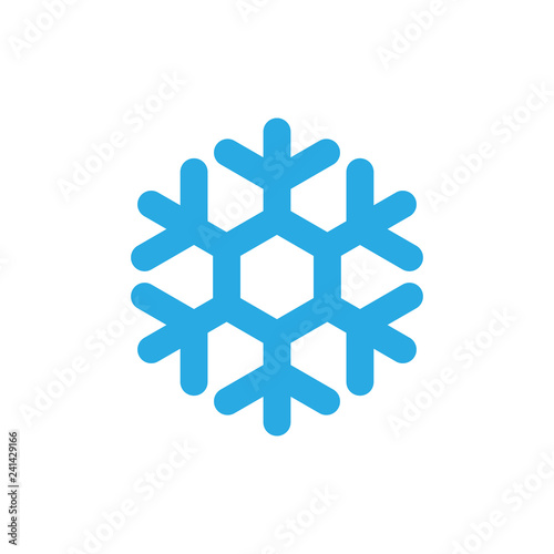 Snowflake icon. Blue silhouette snow flake sign, isolated on white background. Flat design. Symbol of winter, frozen, Christmas, New Year holiday. Graphic element decoration. Vector illustration