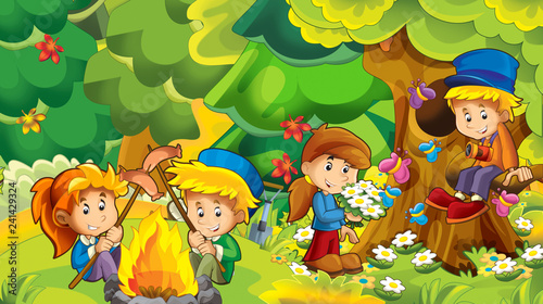 cartoon autumn nature background in the mountains with kids having fun camping with space for text - illustration for children © honeyflavour