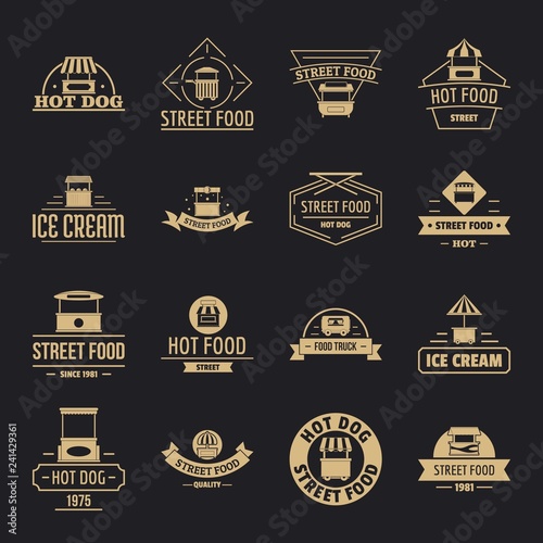 Street food logo icons set. Simple illustration of 16 street food logo vector icons for web