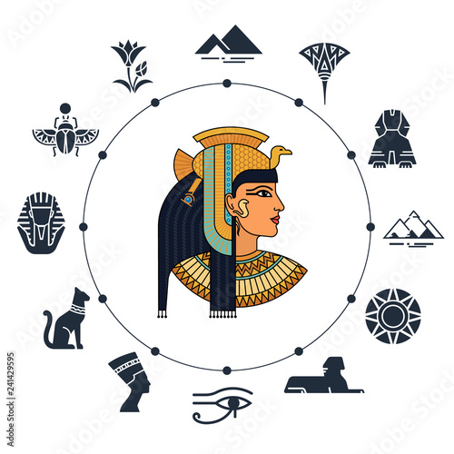 History landmarks of Egypt. Cultural objects and symbols of Egyptians. Egyptian landmark pyramid architecture, vector illustration, icon set.