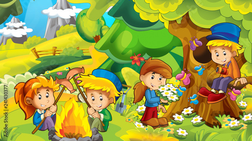 cartoon autumn nature background in the mountains with kids having fun camping with space for text - illustration for children
